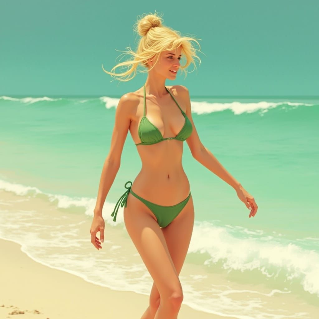 Blonde Woman on Beach in Art Nouveau Style