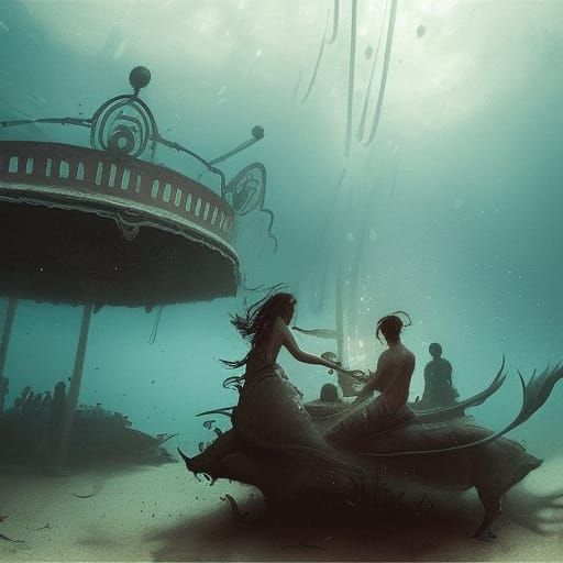 Sinister Underwater Carousel in Gothic Fantasy Style