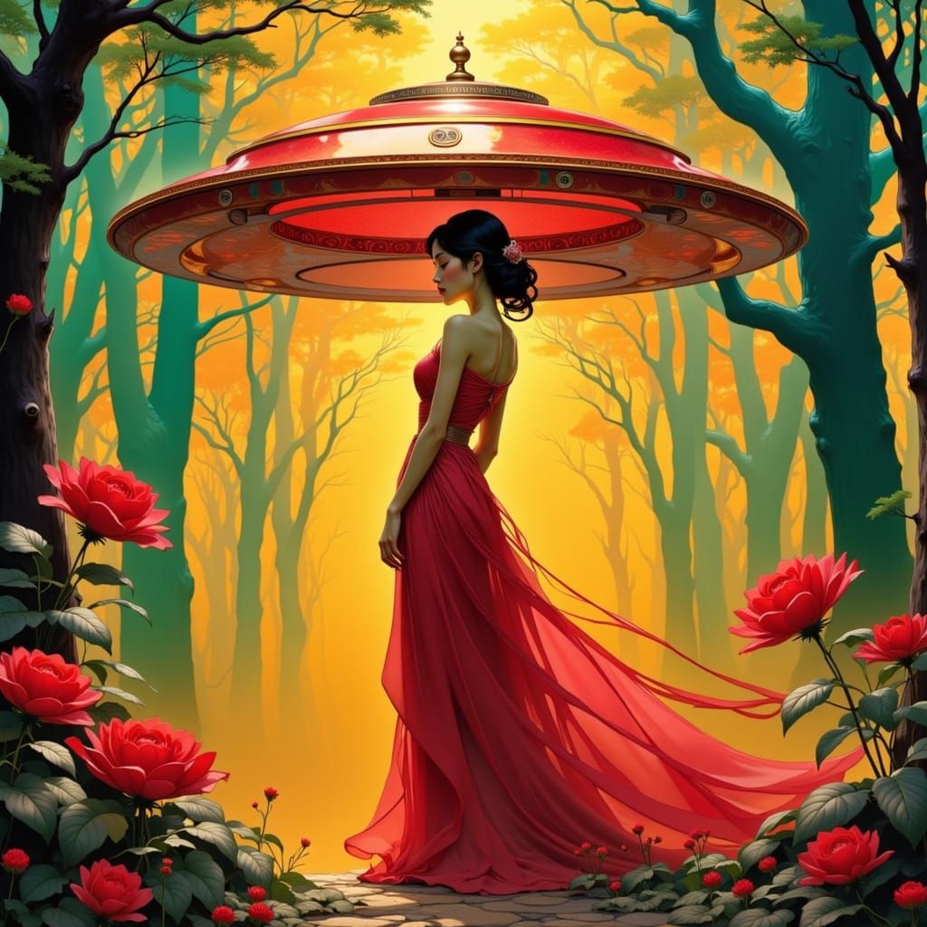 Vibrant Flying Saucer Goddess in Red and Amber