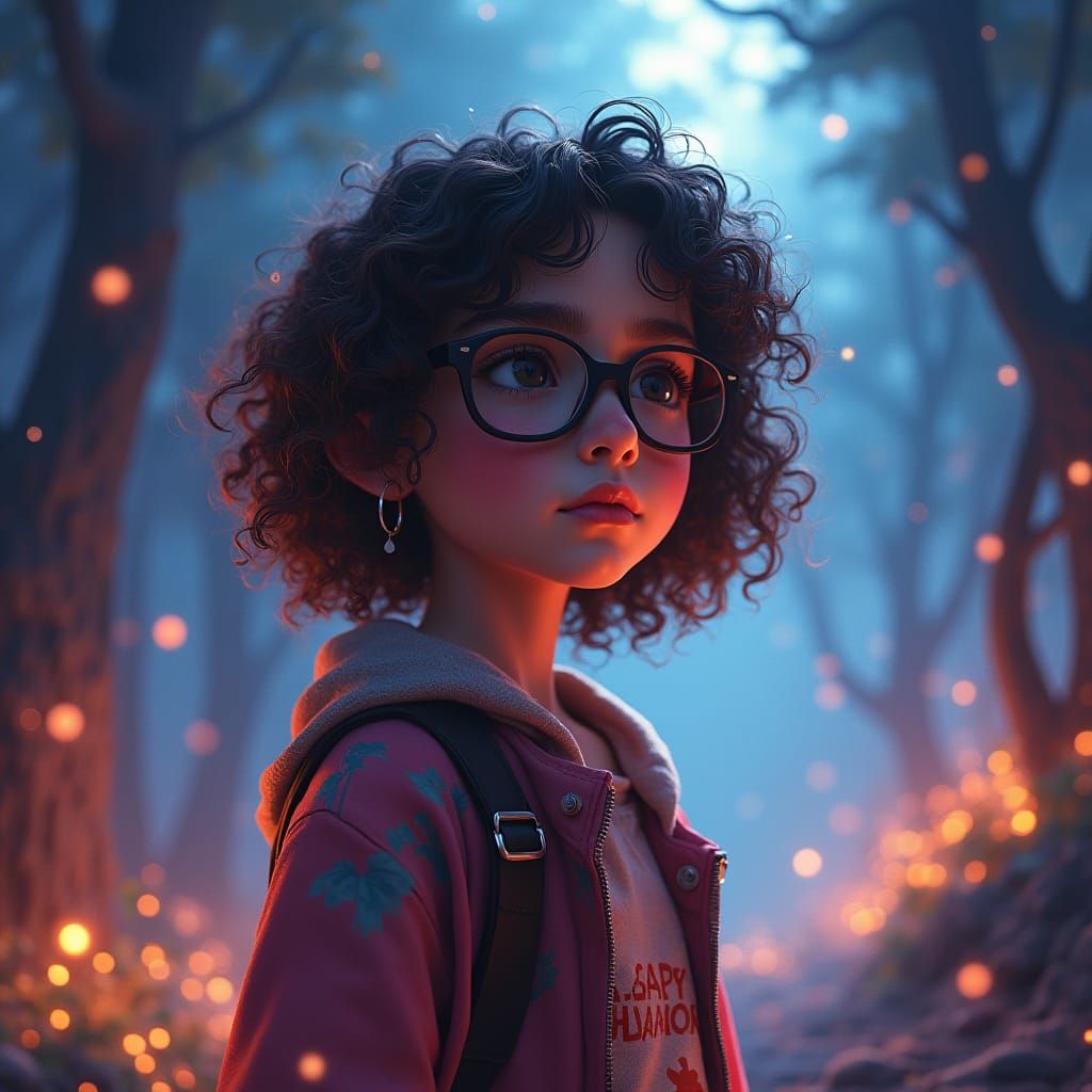 Mystical Girl Surrounded by Glowing Elements