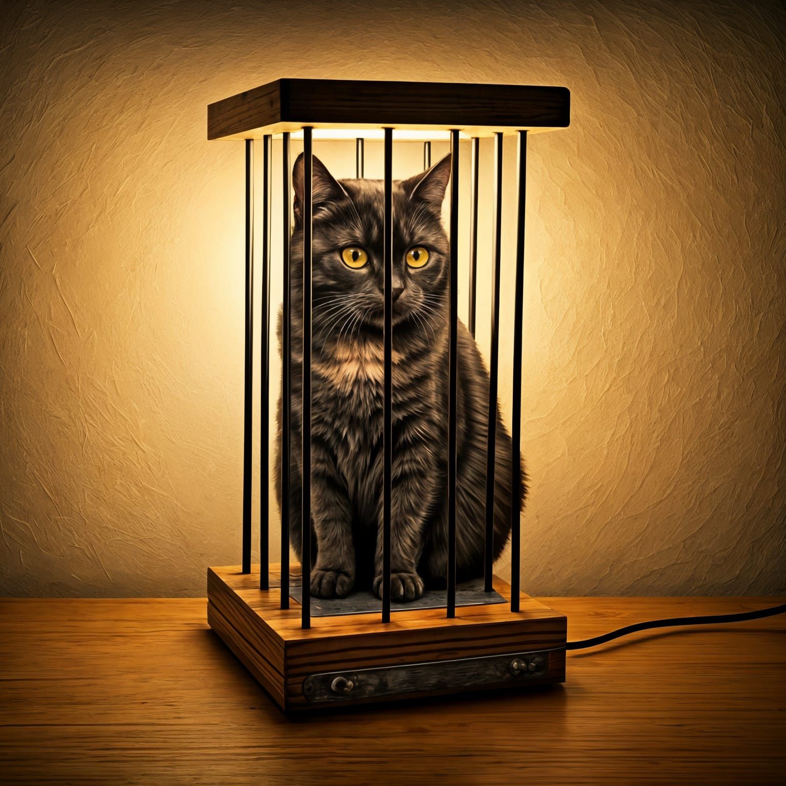 Close-Up of a Black Cat Sitting at the Base of a Rustic Lamp...