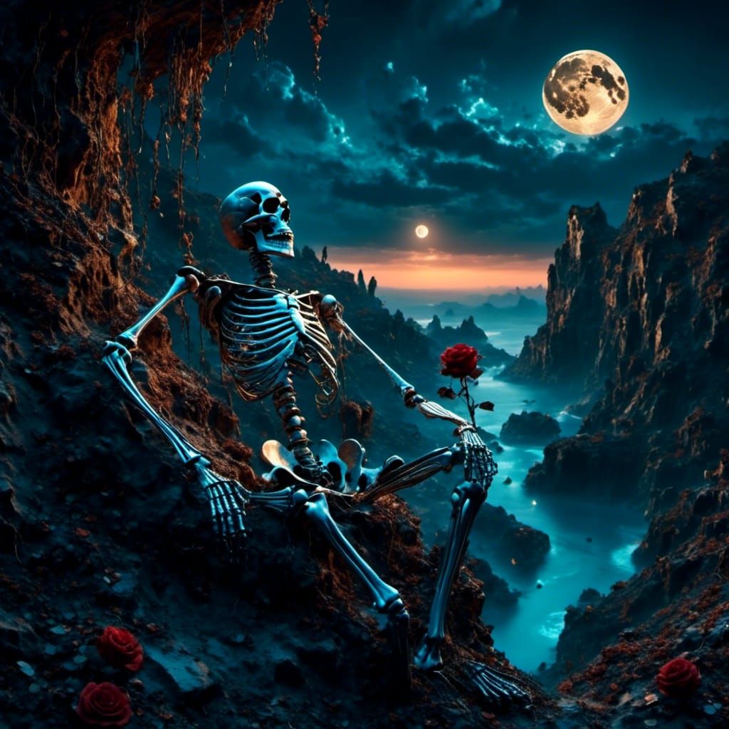 Skeleton on Cliff with Rose, Fantasy Art
