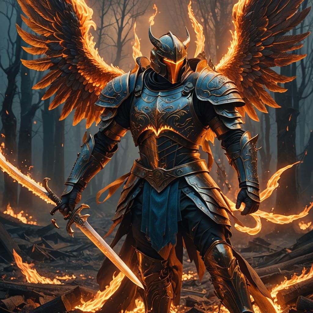 Fiery Angel in Medieval Armor, Fantasy Concept Art