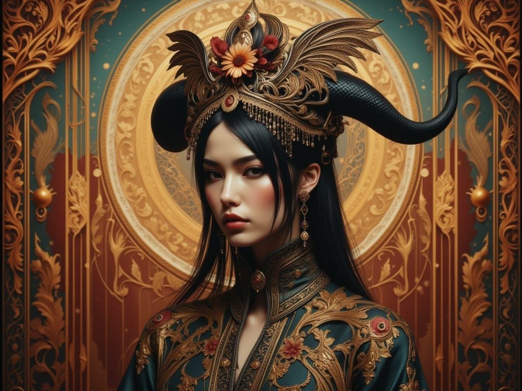 Tamed Demon Portrait in Magical Market, Art Nouveau Style