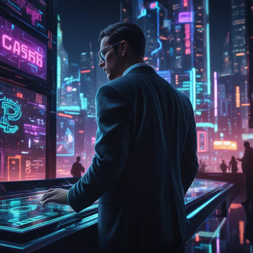 Cyberpunk Businessman Trading Crypto in Futuristic City