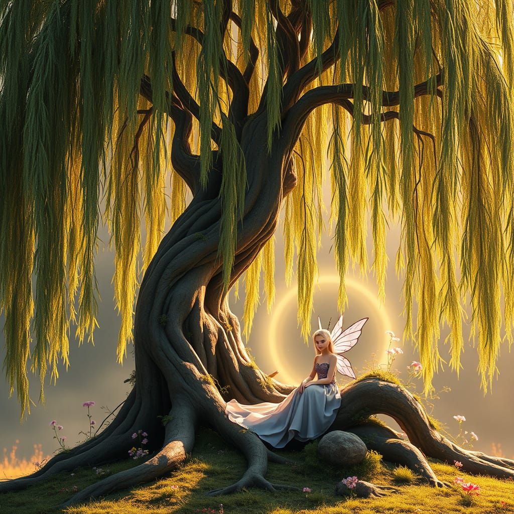 Enchanted Weeping Willow Sanctuary in Whimsical, Dreamlike S...