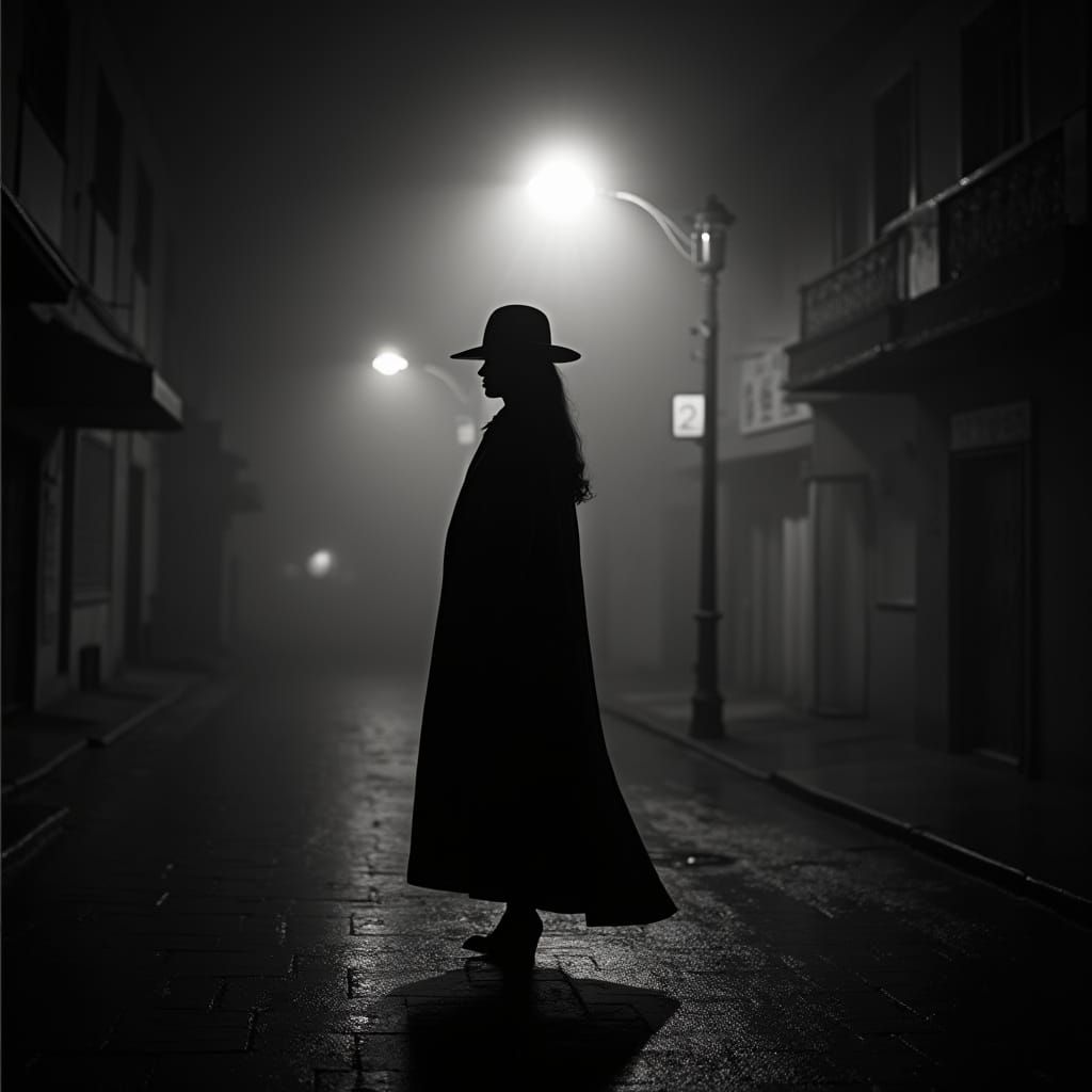 Elegant Woman in Foggy City Night, in High Contrast Black an...