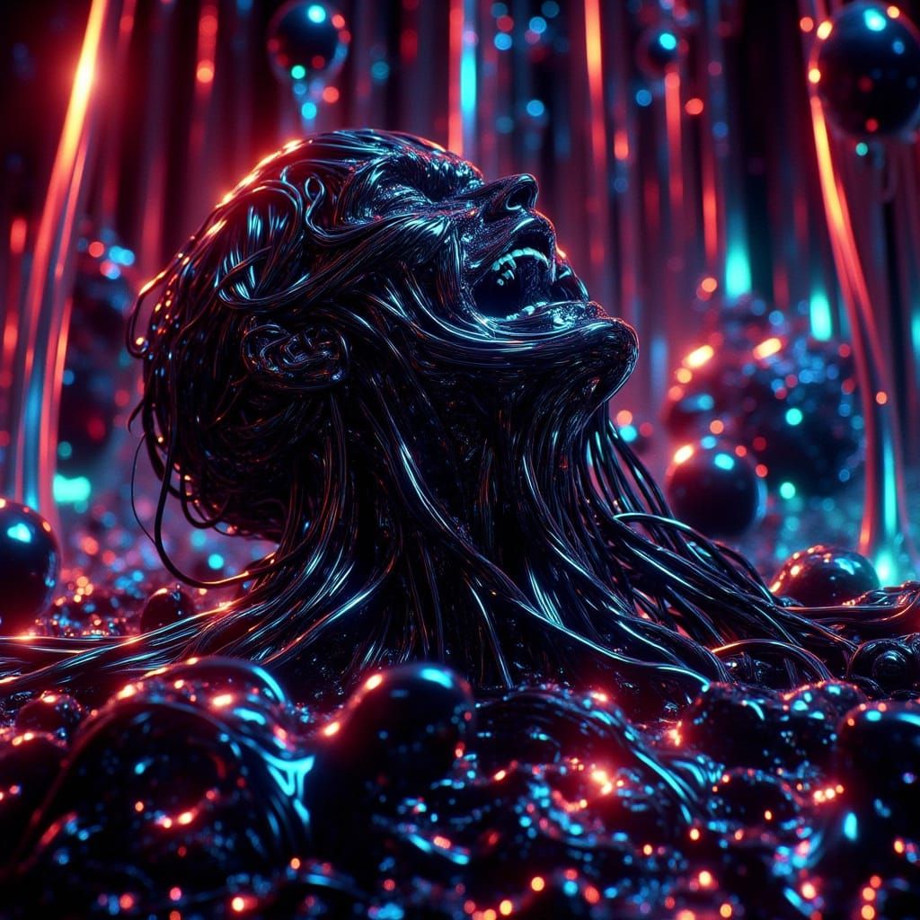 Agonized Android Drenched in Black Oil