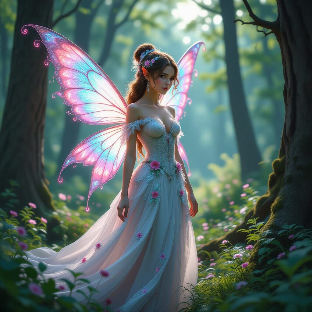 Ethereal Fairy in Spring Forest with Bioluminescent Wings