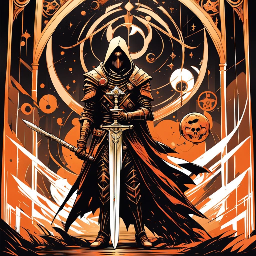 with a woman holding a sword in front of a tarot card, in the style of dark white and dark gold, cartoonish character de...