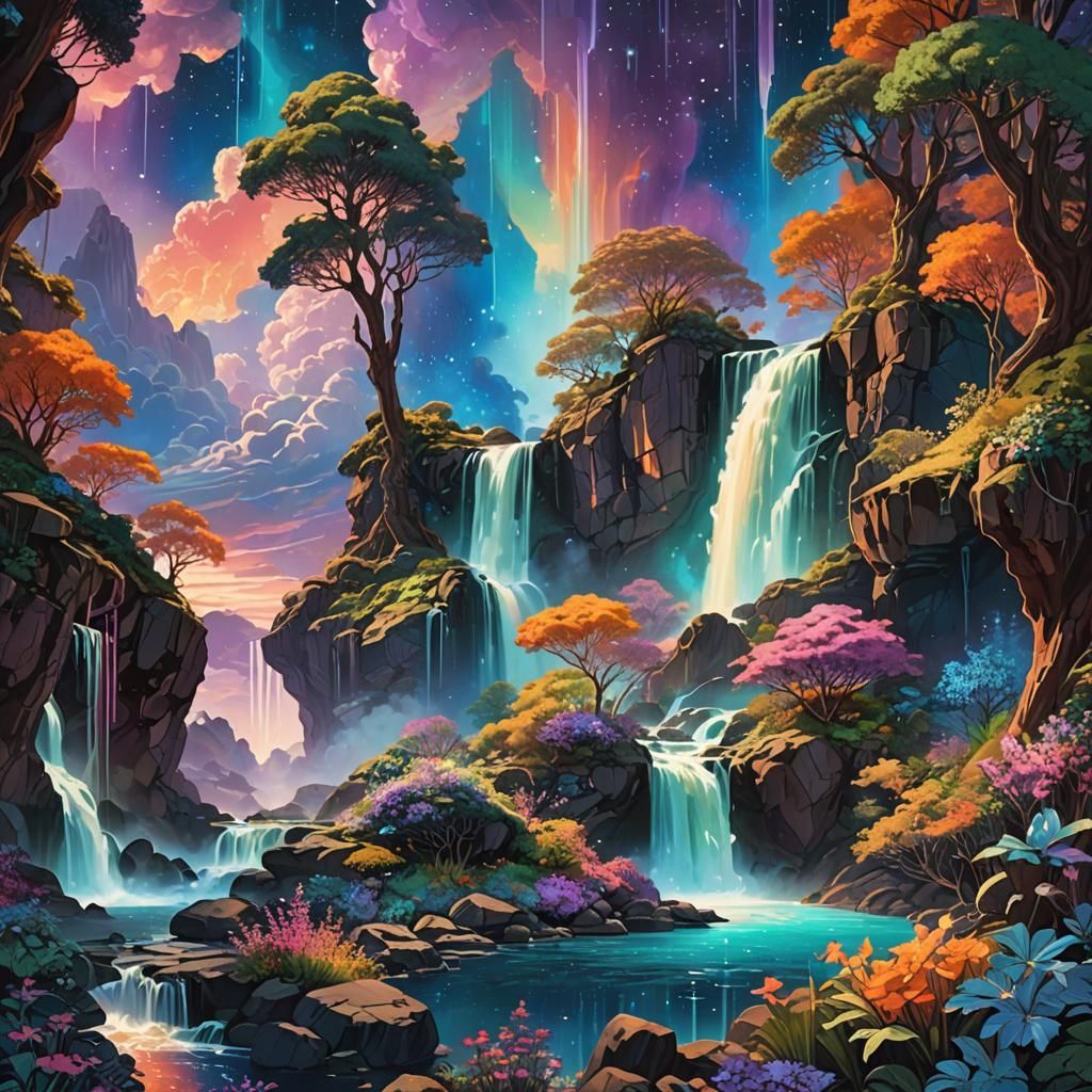 Ethereal Dreamscapes with Celestial Ocean and Iridescent Clo...