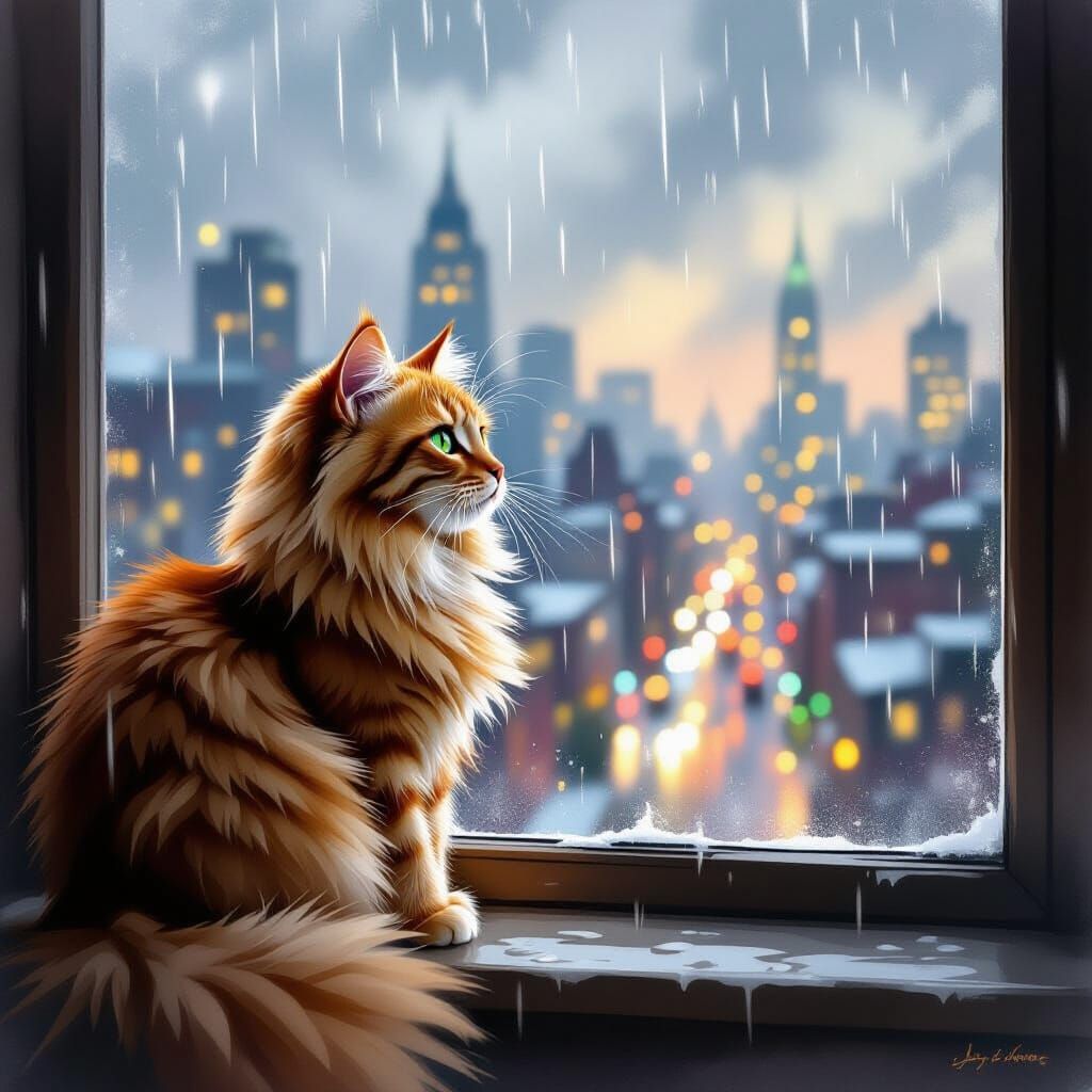 Fluffy Ginger Cat on Rainy Window Sill