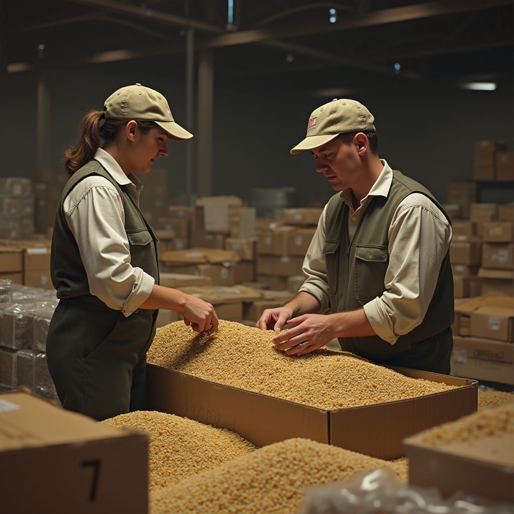 Volunteers Sorting Food Donations in Warehouse, Classical St...