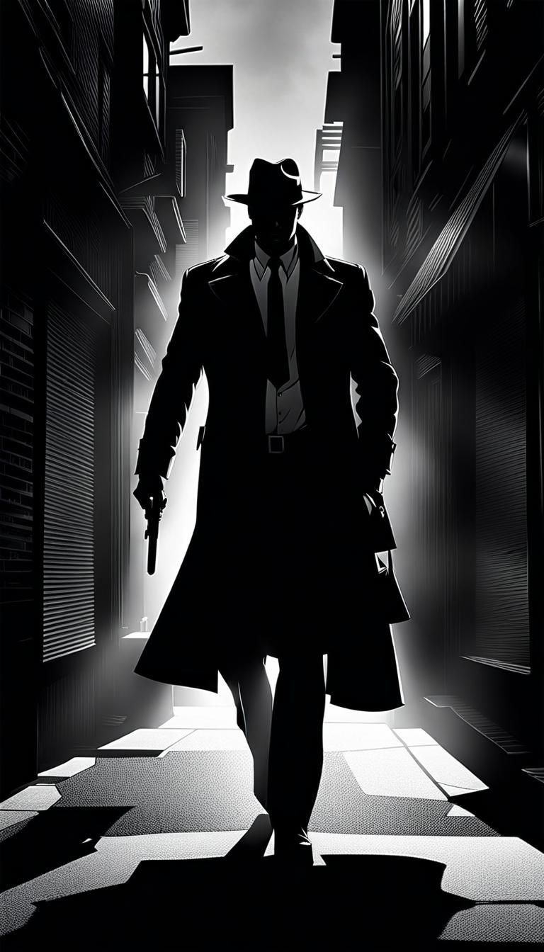 Comic Noir Detective Silhouette in Black and White
