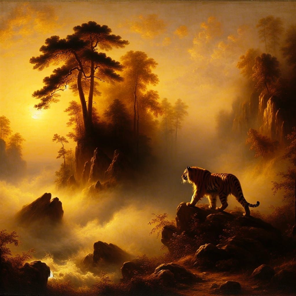 Romantic Golden Hour Landscape with Tiger