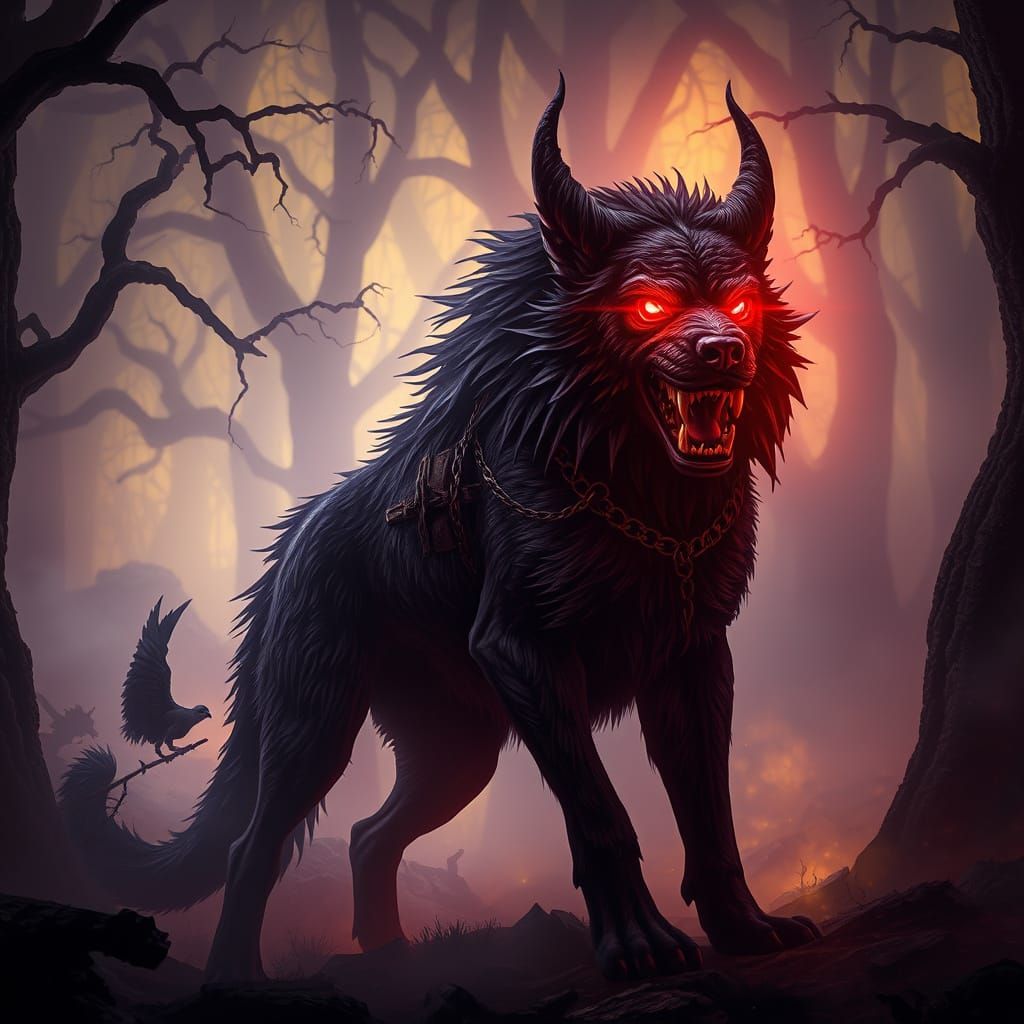 Dark Fantasy Demon Dog in Misty Forest