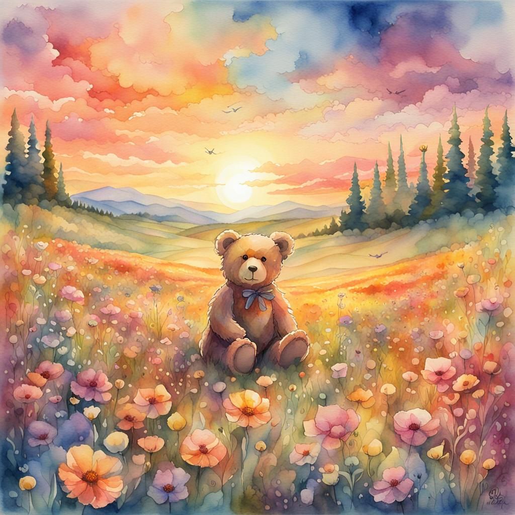 Teddy Bear in Meadow: Watercolor Fantasy Art