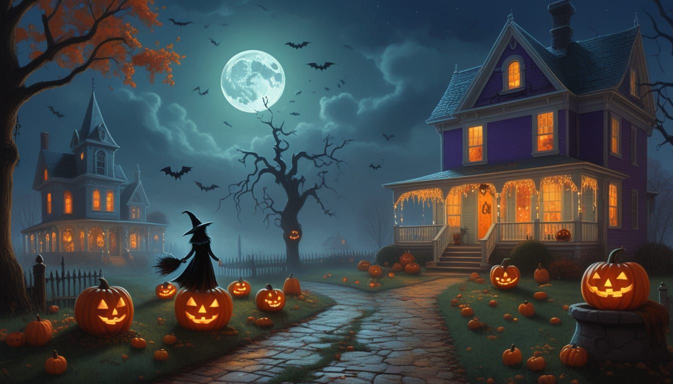 Halloween House Exterior and Interior in Hyperrealistic Styl...