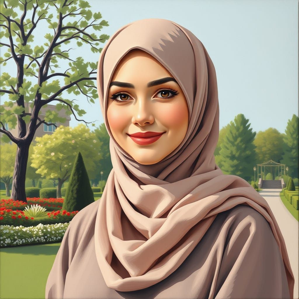 Minimalist Oil Painting of Elegant Woman in Garden