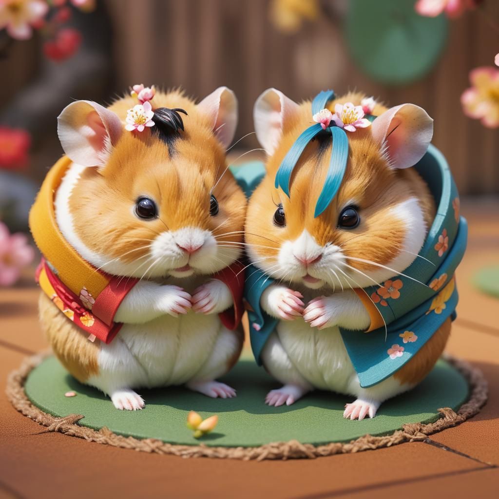 Hamsters Wrestling Sumo in Japanese Ink Painting Style