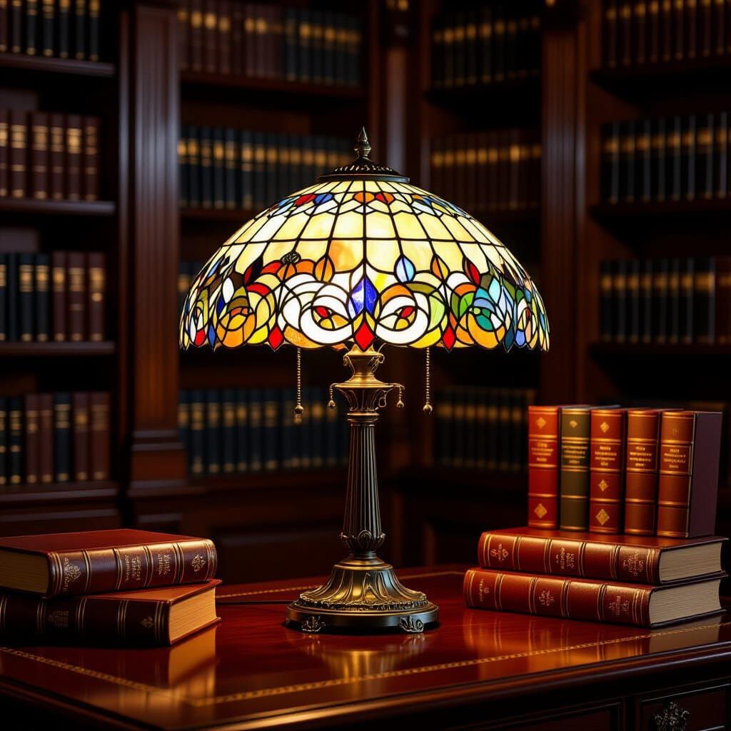 Tiffany Lamp Glows in Grand Library - Classical Illustration