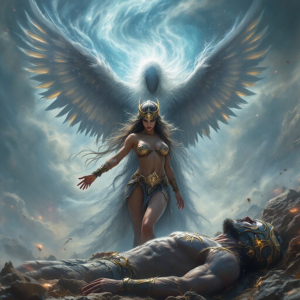 Valkyrie Freya on Battlefield, Hyperrealistic Splash Art