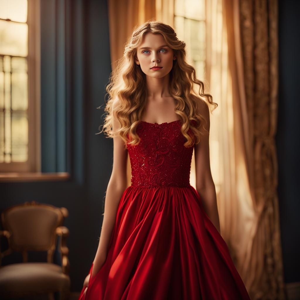 Teenage Girl in a Romantic Red Prom Dress