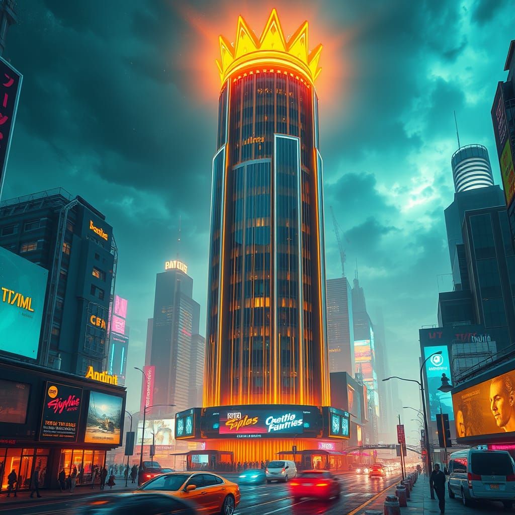 Golden Crown Skyscraper in a Futuristic Cyberpunk Metropolis