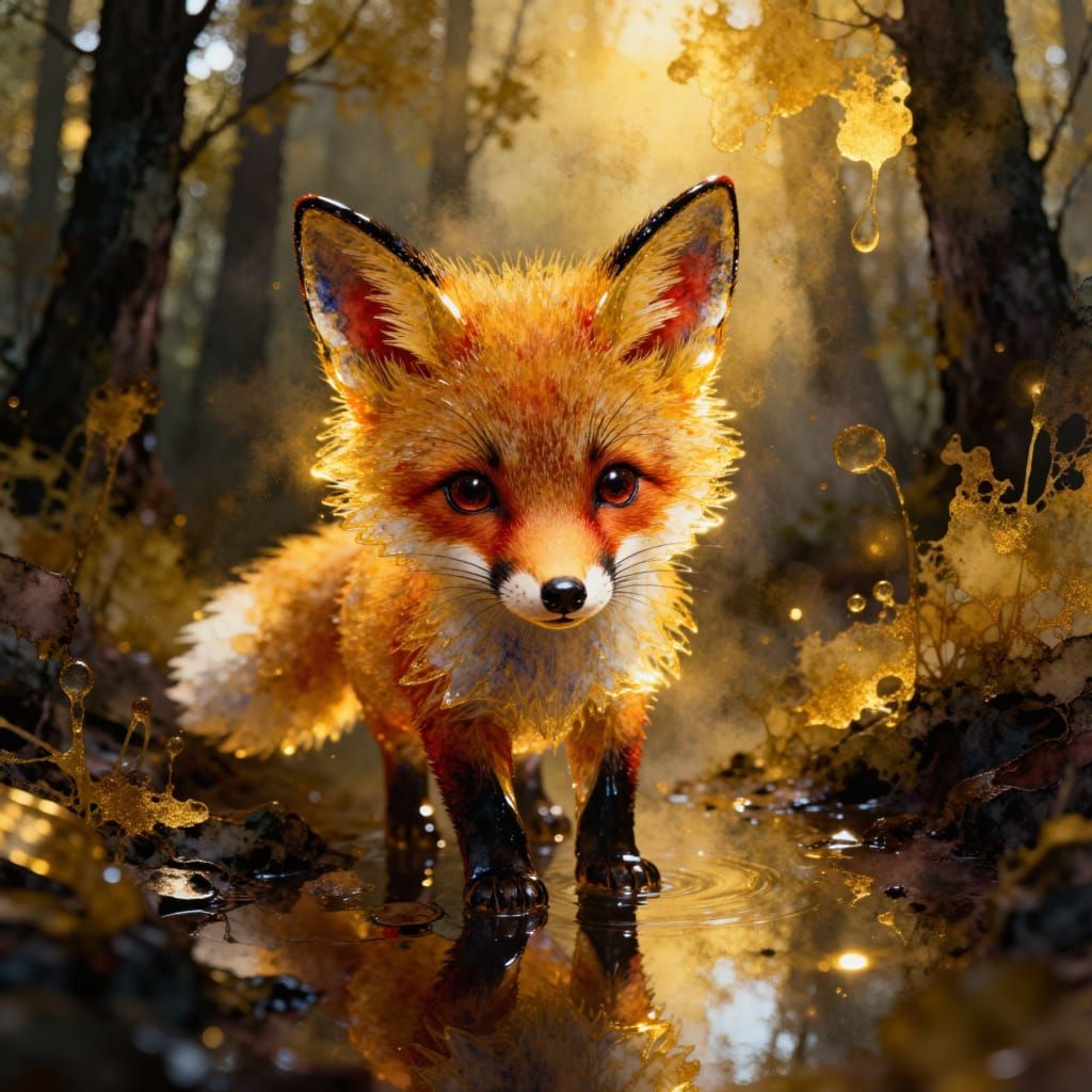 Cute Fox Gazes at Reflection in Autumn Forest Stream