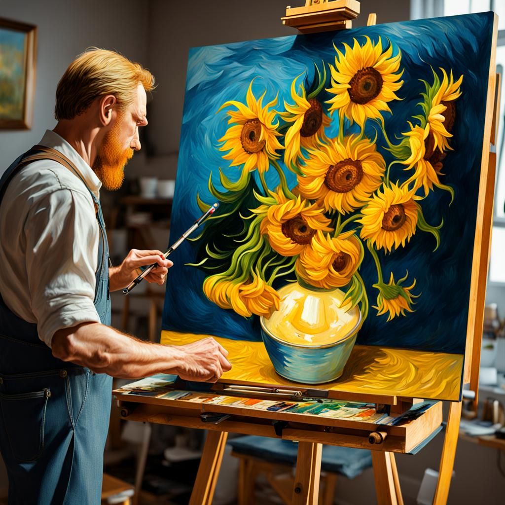 Van Gogh Painting Sunflowers in Studio