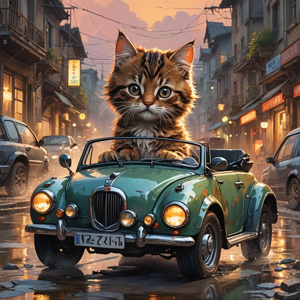 Kitten Driver in Cute Car at Dawn, Watercolor Style