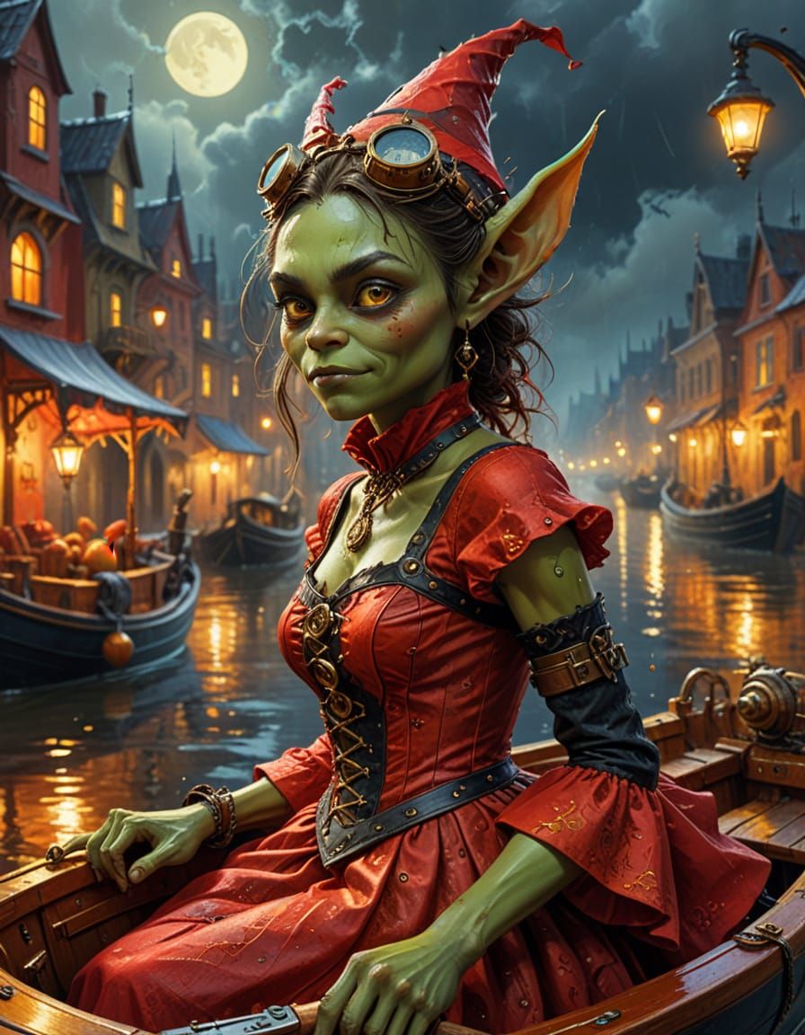 Steampunk Goblin Drives Boat in Night City