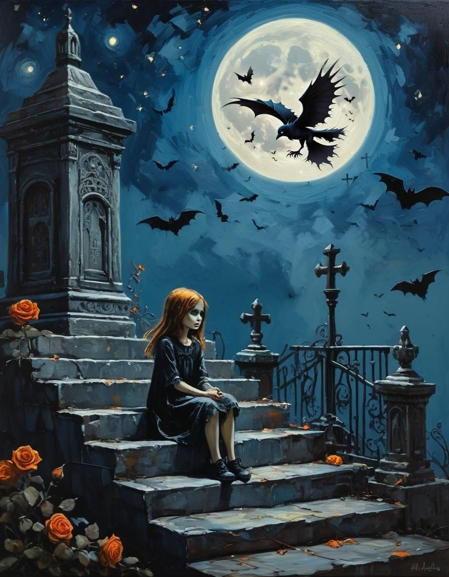 Eerie Graveyard Scene with Ghost Girl, Expressionist Paintin...