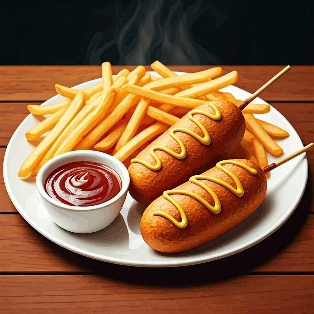 Golden Corndogs with Mustard and Fries