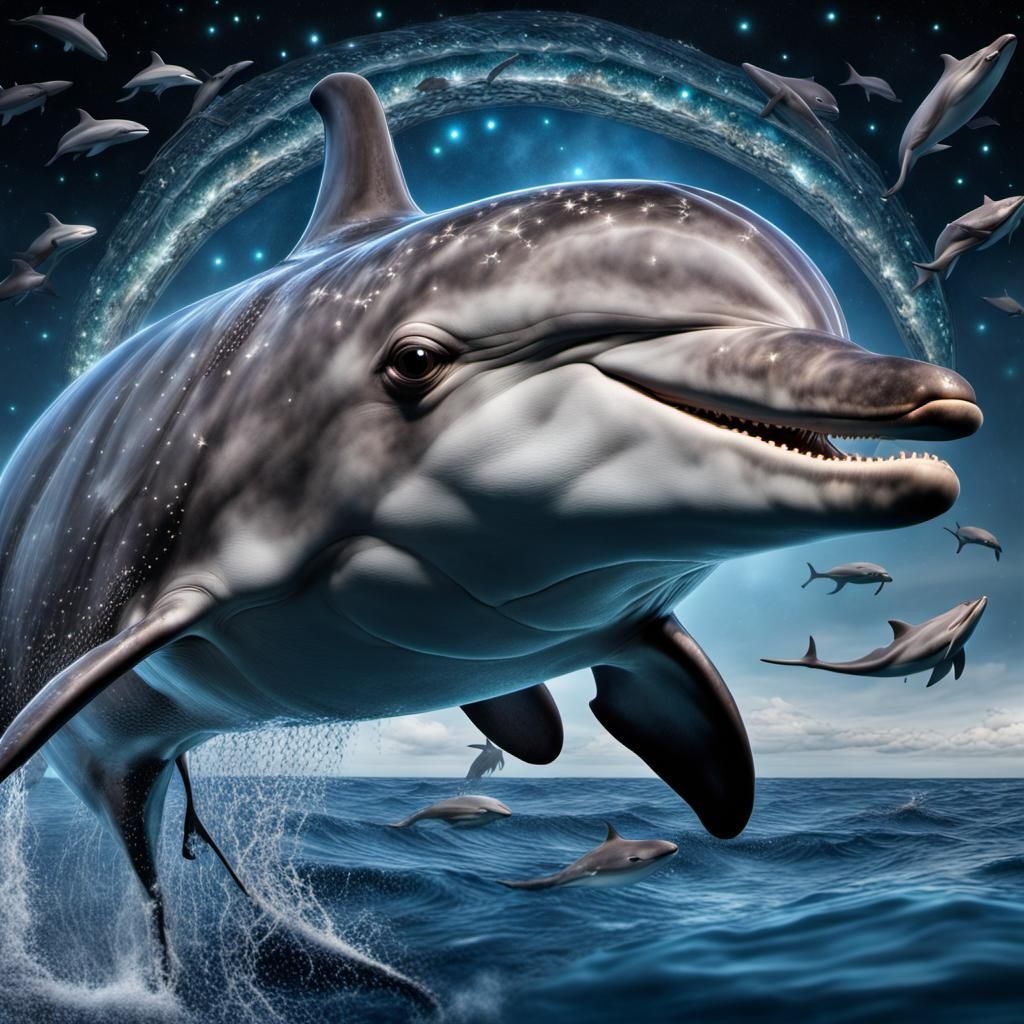Hyperrealistic Whale and Dolphin Among the Stars