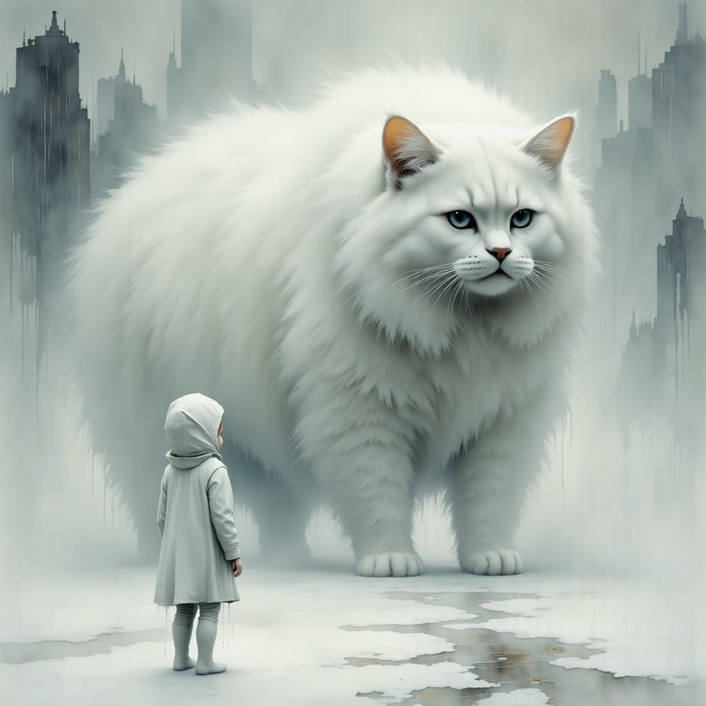 Solitary Child Faces Giant Fluffy Cat in White Cityscape