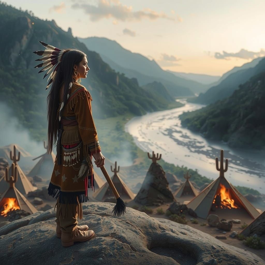 Native American Warrior in Desert Landscape at Sunset