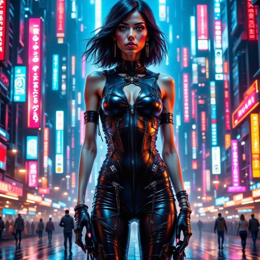 Futuristic Woman in Neon Cityscape, in Cyberpunk Style