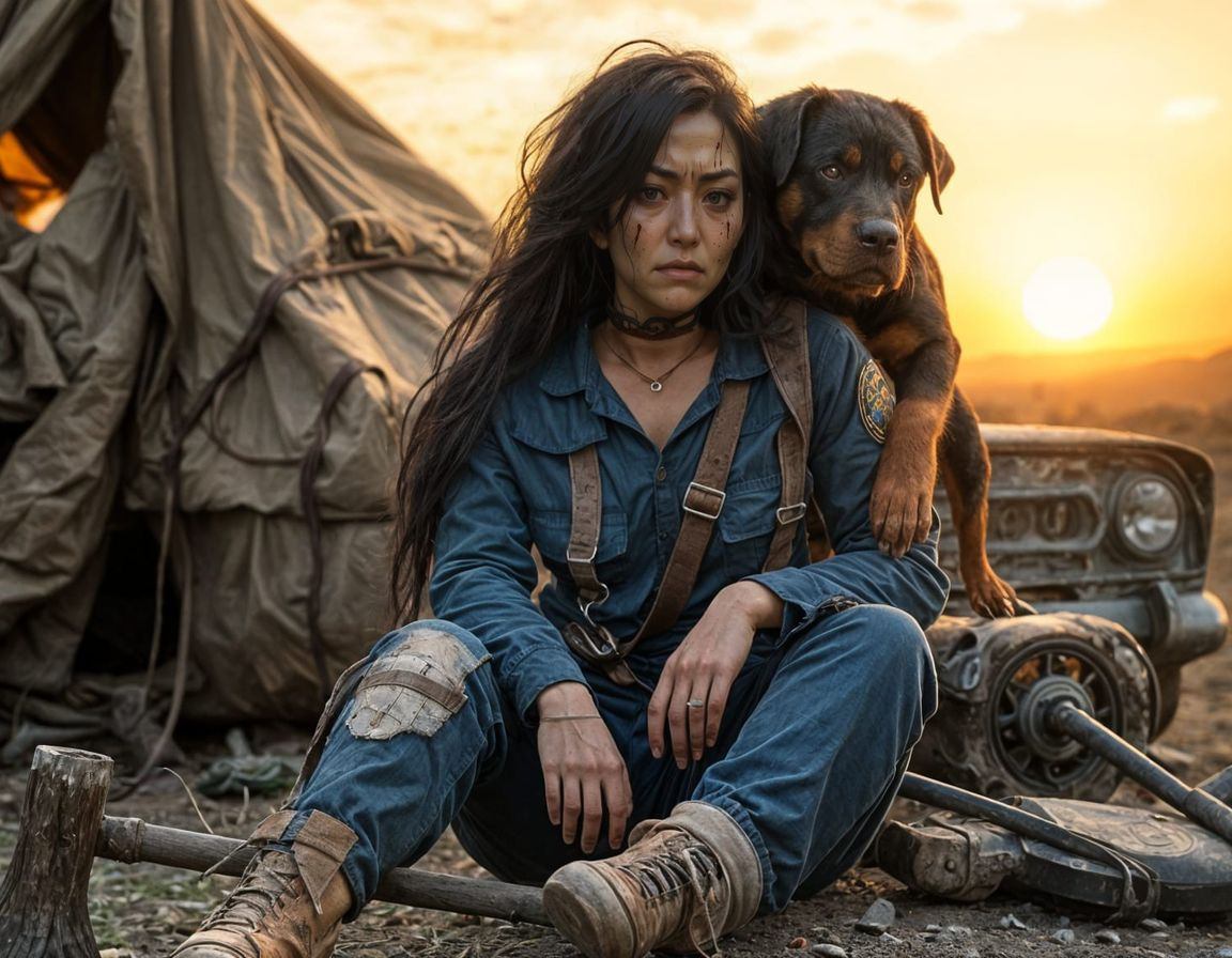 Wounded Woman with Rottweiler in Wasteland Sunset