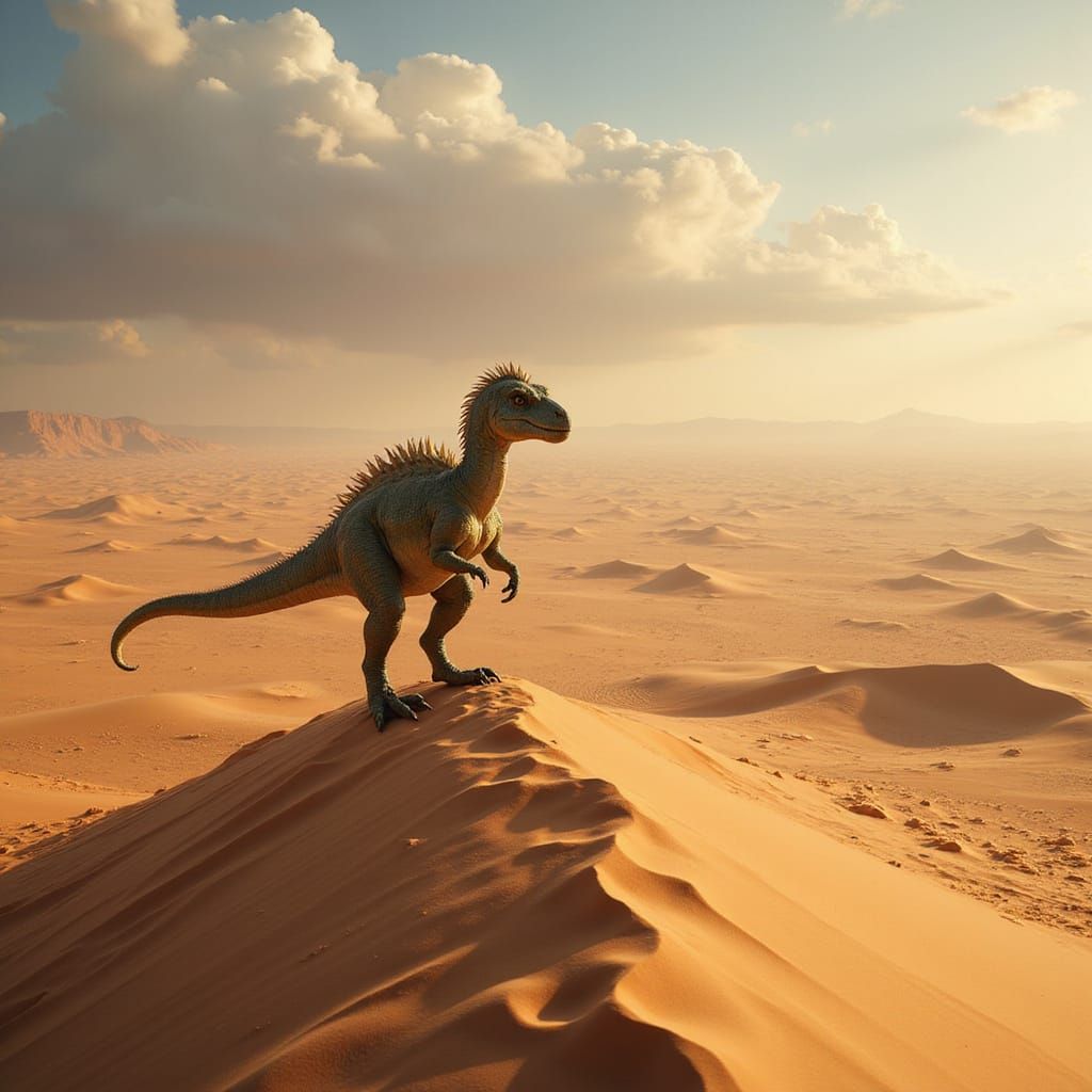 Feathered Dinosaur Overlooking Sand Dune Sea