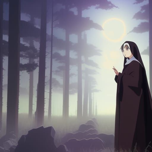 Nun with Smokey Eyes in Graveyard, Studio Ghibli Style