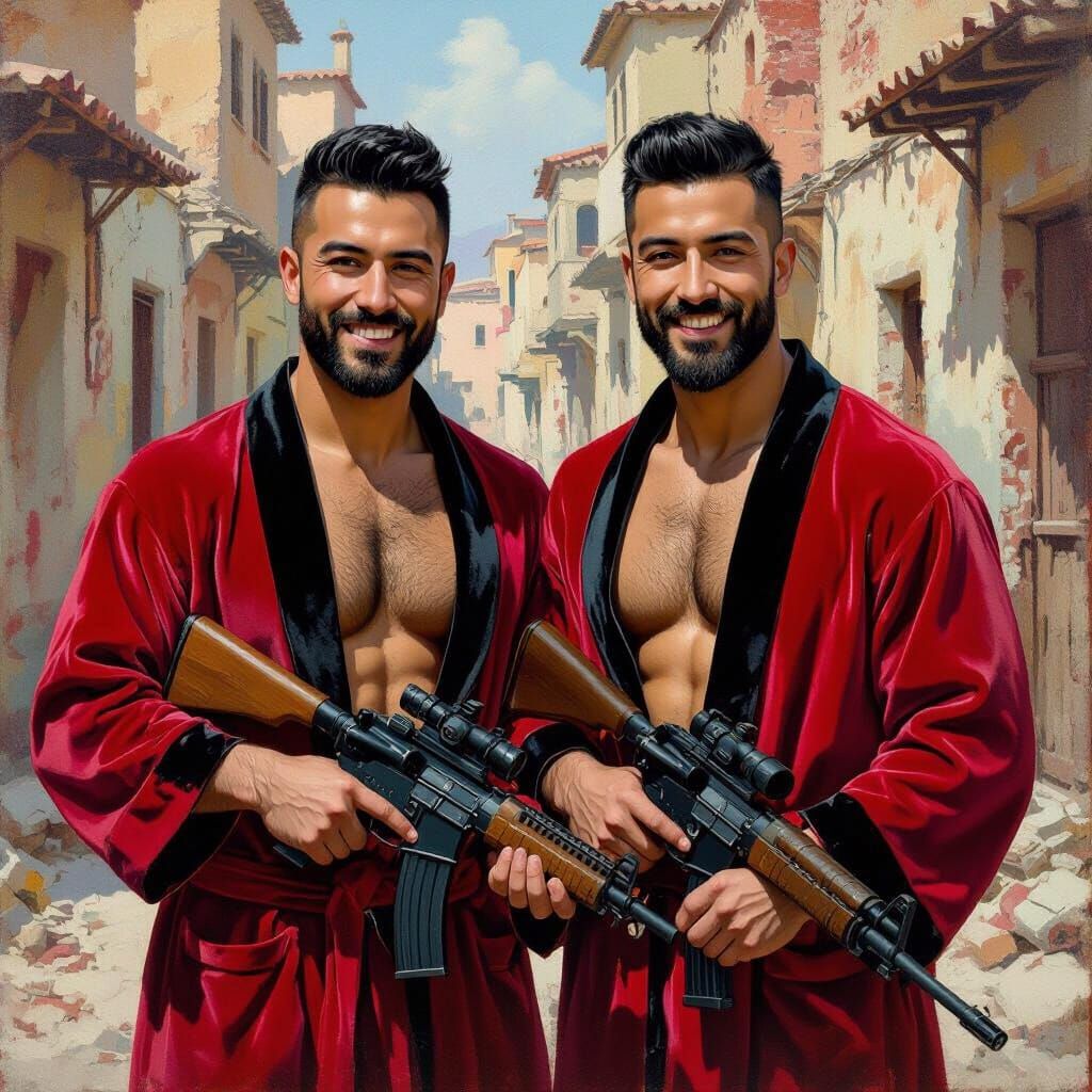 Joyful Men with Machine Guns in Ruined Town, Impressionist S...