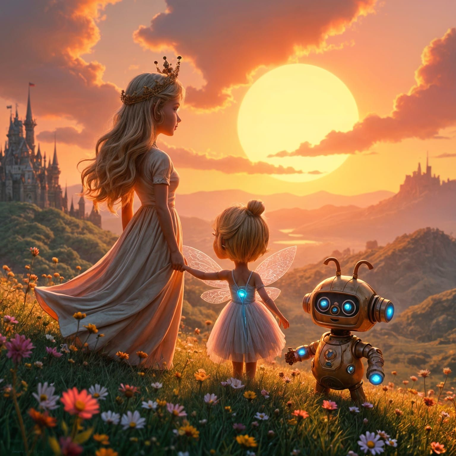 Princess, Fairy, Pixie, and Robot Overlooking Kingdom