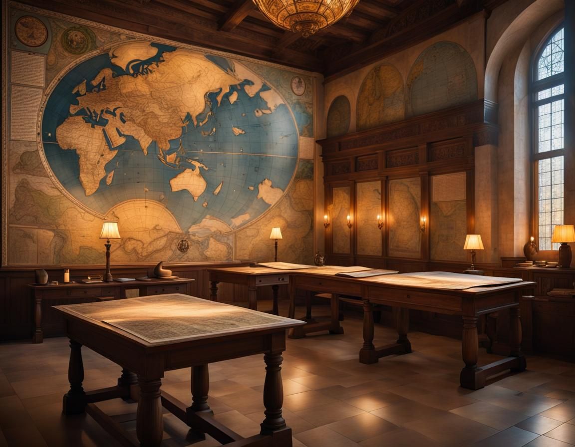 Byzantine Hall of Ancient Maps with Volumetric Lighting