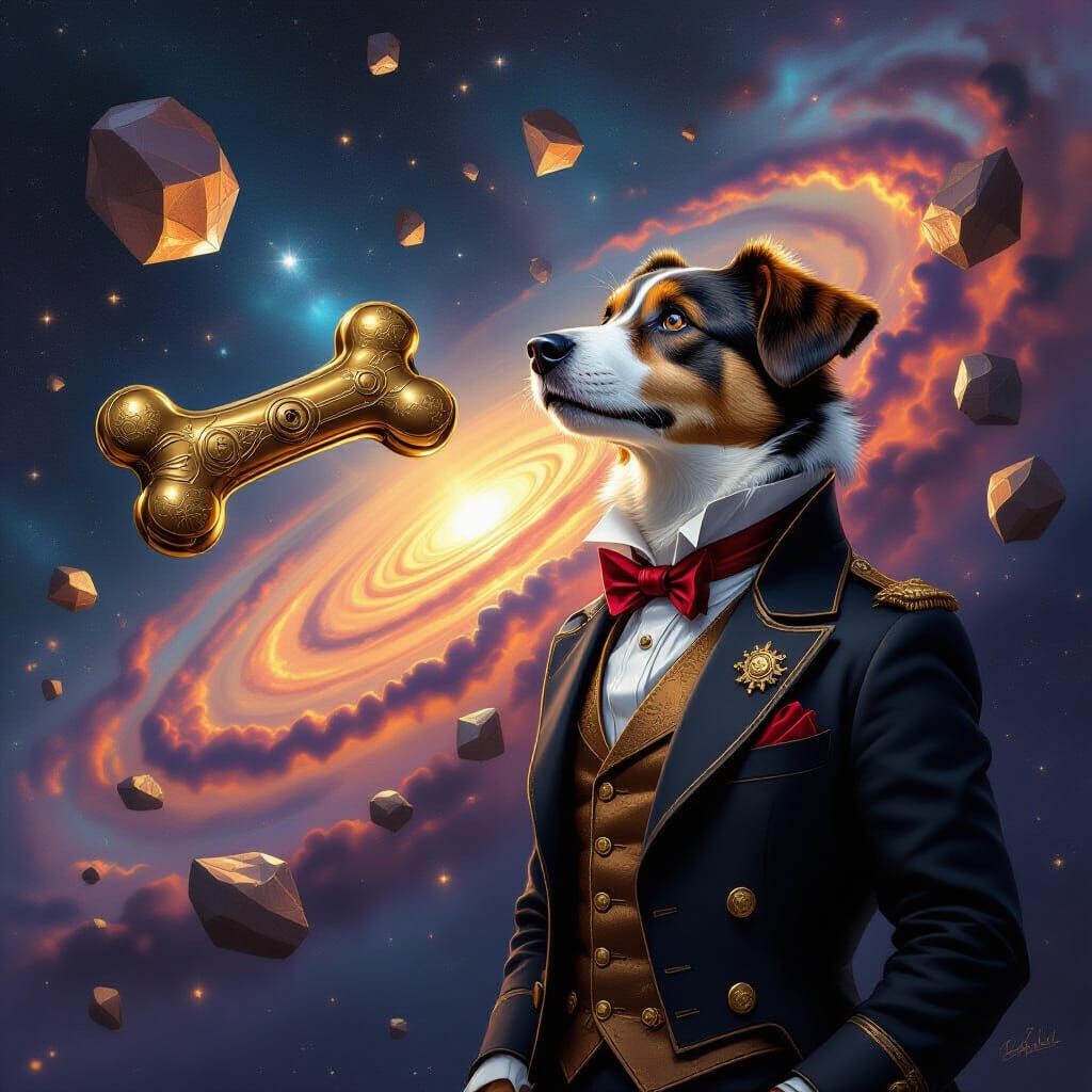 Steampunk Dog in Nebula with Crystal Asteroids