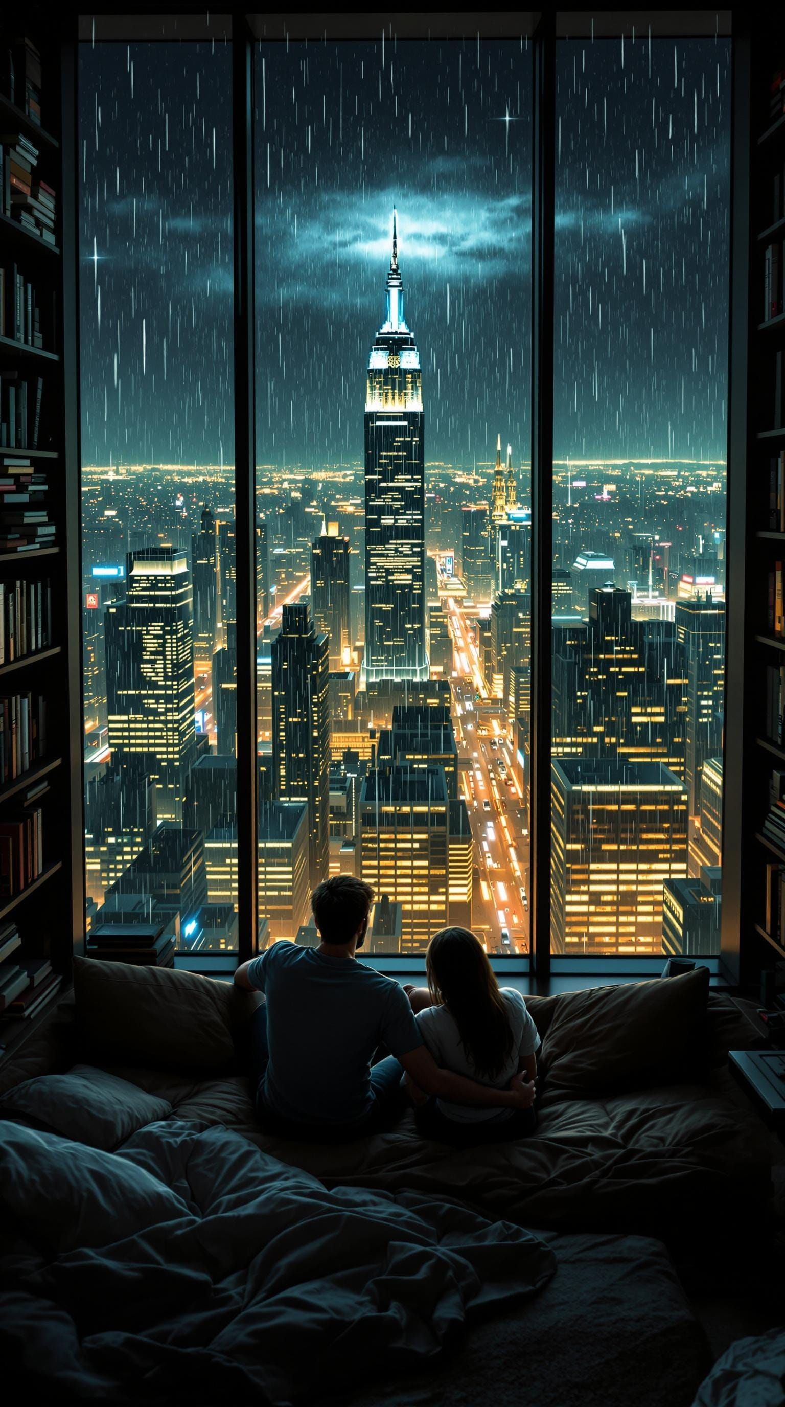 Cyberpunk City View: Couple in Cozy Room at Night