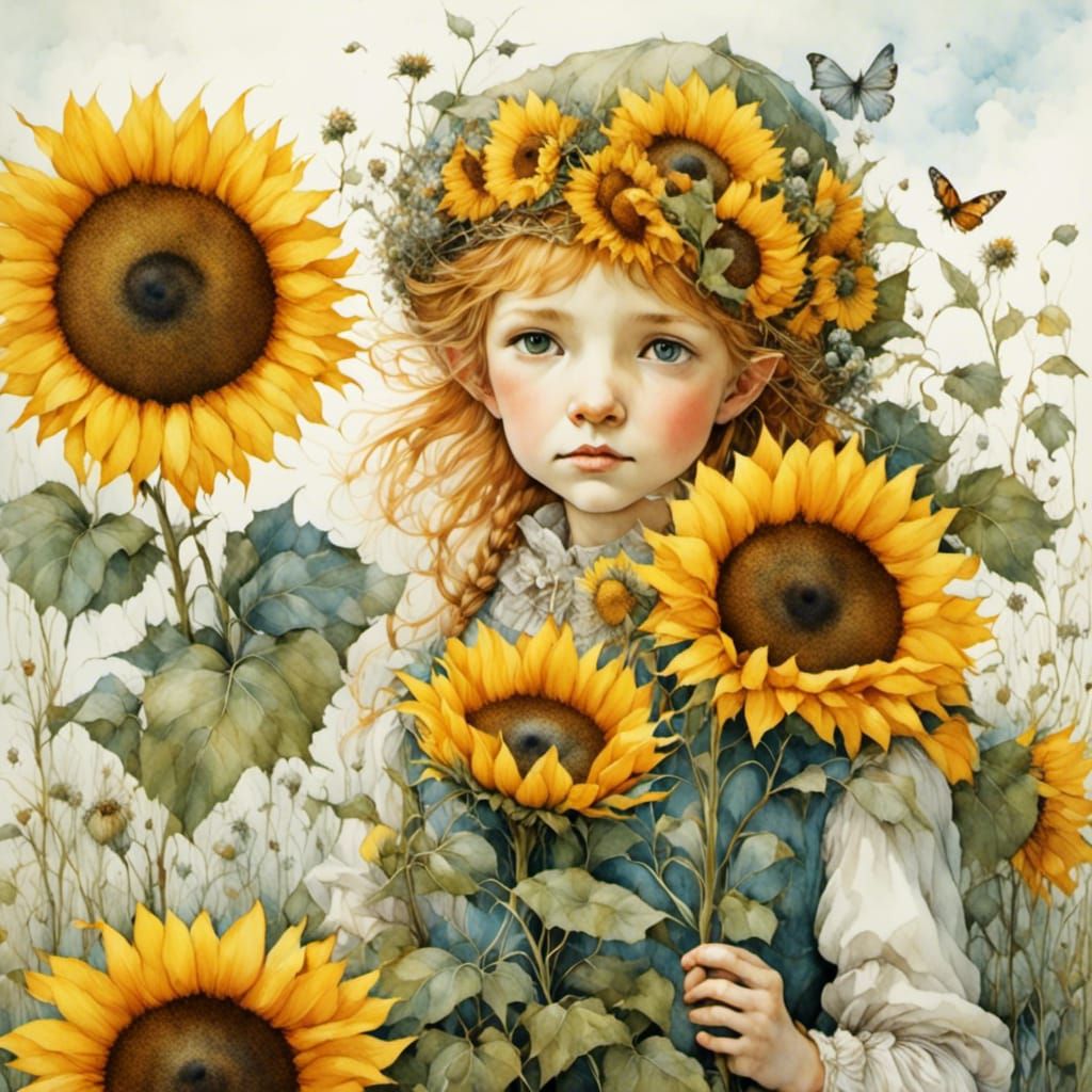 Detailed Flower Elf with Sunflowers Illustration