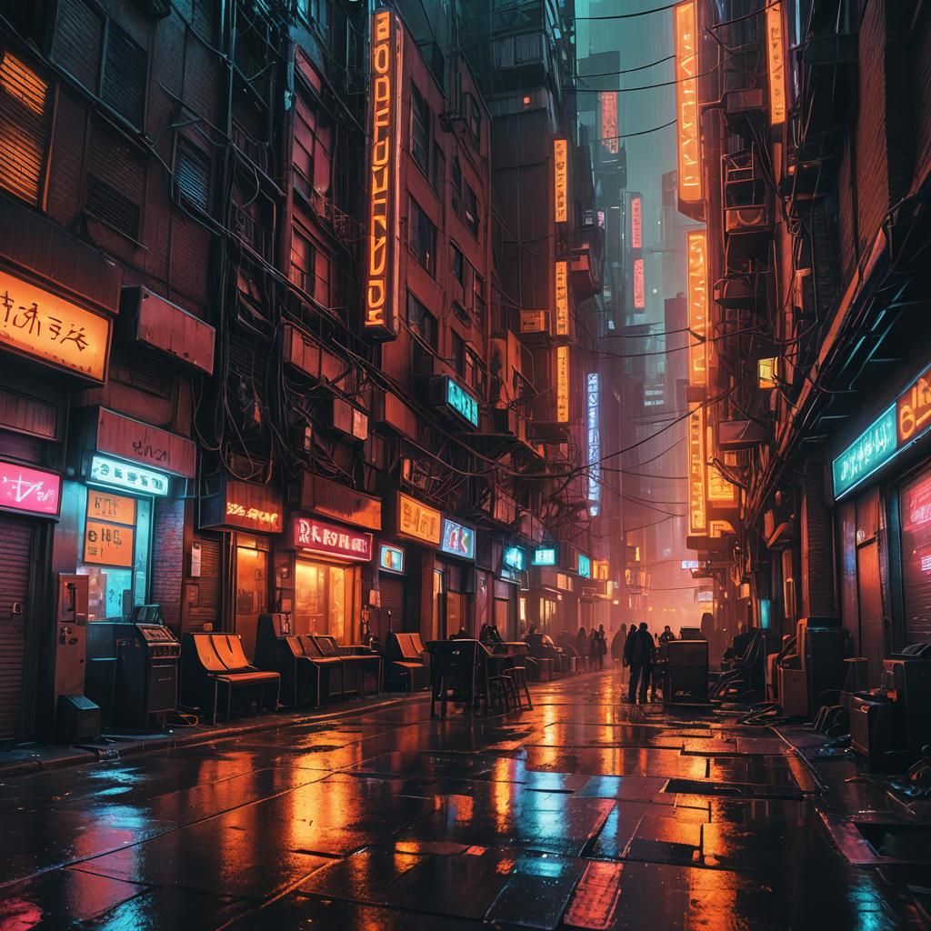 Cyberpunk Alleyway with Guitar Amps in Neo-Noir Style