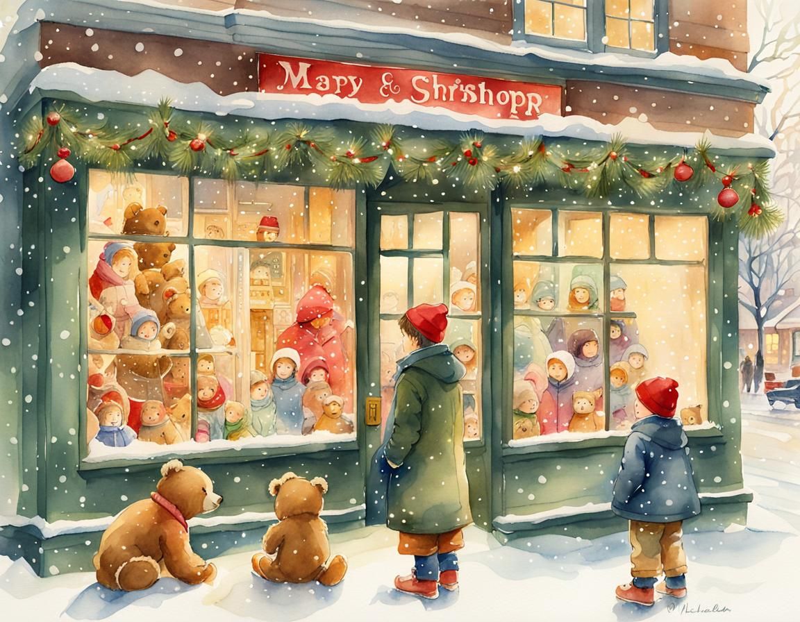 Boy Gazing into Whimsical Christmas Toy Shop Window
