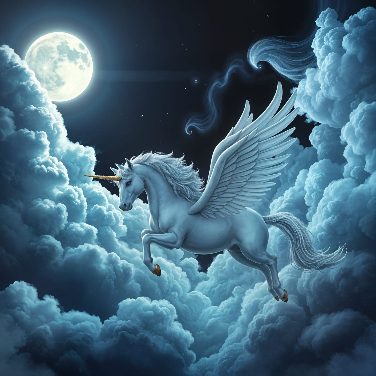 Unicorn Flight Under Stormy Moonlit Sky